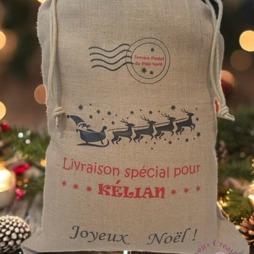 Sac / hotte de noël - traineau_ prénom personnalisable