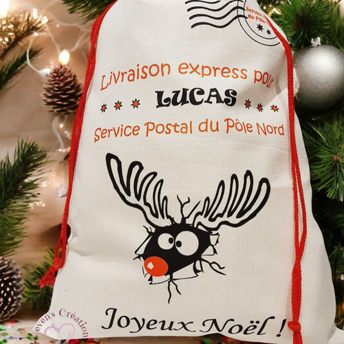 Sac / hotte de noël - renne _ prénom personnalisable