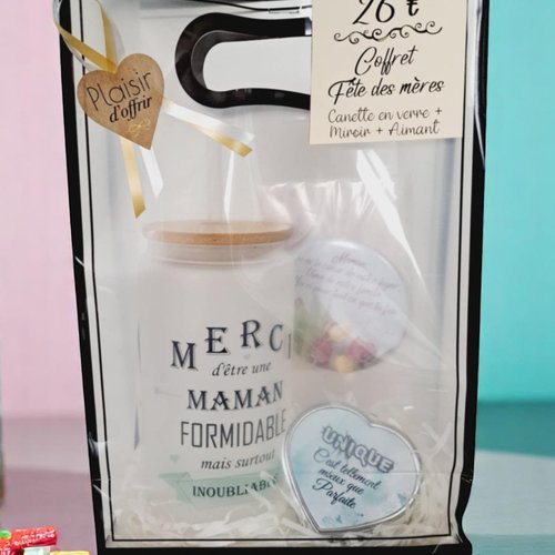 Coffret cadeau pour une maman extraordinaire – canette en verre, aimant et miroir de poche