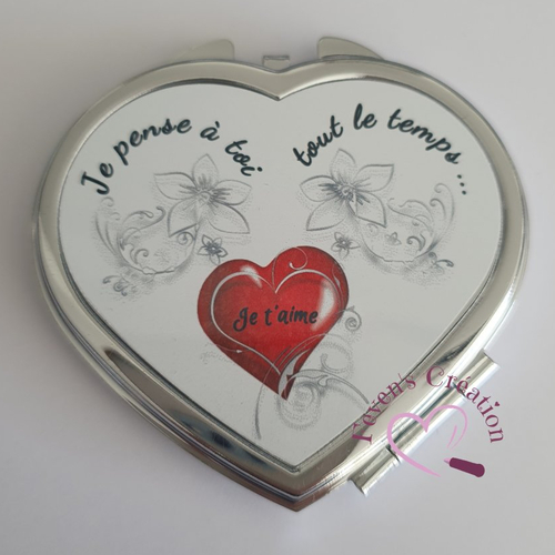 Miroir de poche en forme de cœur "je pense à toi.. tout le temps"