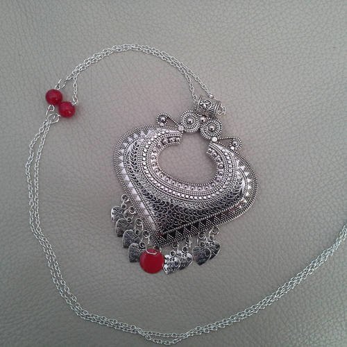 Collier ethnique coeur argent perles rouge