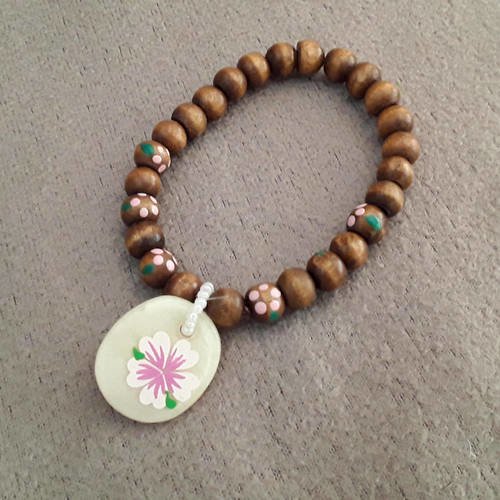Bracelet bohème boho perles en bois fleurs