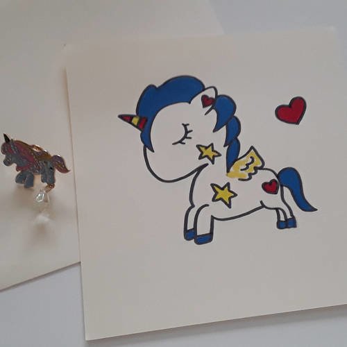 Carte postale licorne bleue coeur licorne et son pin's