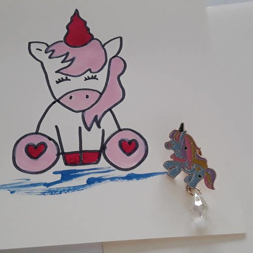 Carte postale licorne rose licorne fille et son pin's
