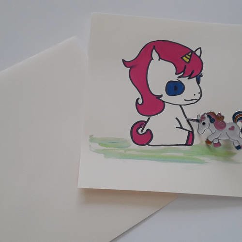 Carte postale licorne bébé licorne et son pin's