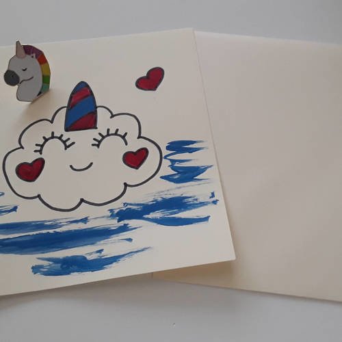 Carte postale licorne nuage et pin's licorne