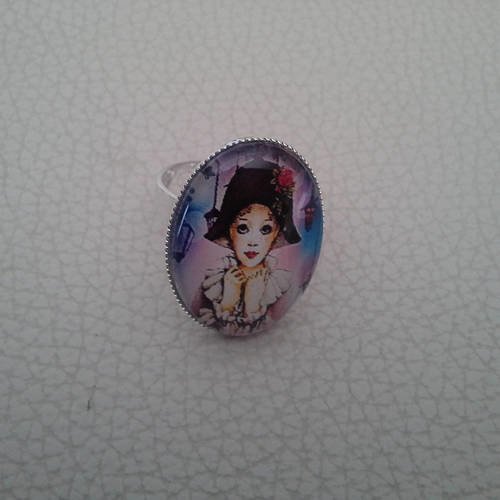 Bague metal argenté et cabochon arlequin