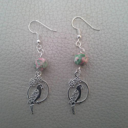 Boucles d oreille argenté perroquet et perle rose