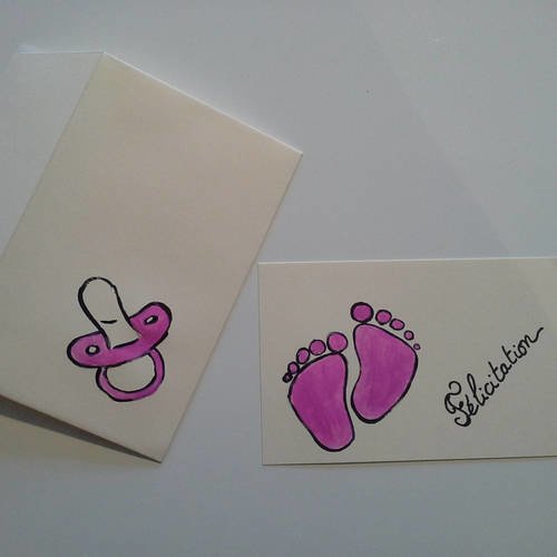 Carte naissance fille peinte a la main avec enveloppe