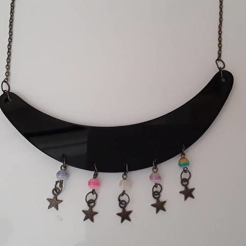 Collier etnique connecteur noir perles colorés étoiles bronze
