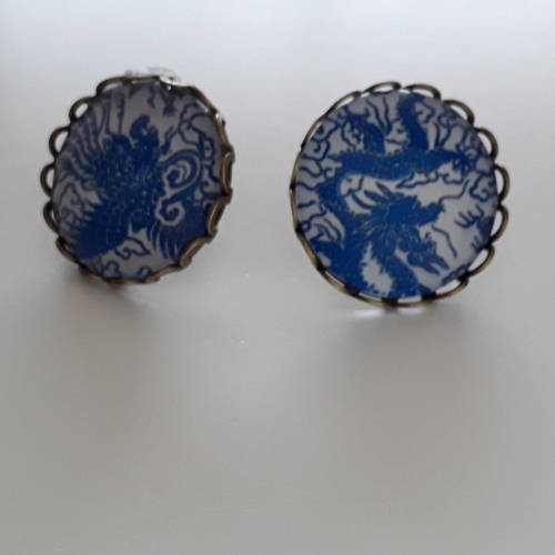 Boucles d oreille clou bronze cabochon 20mn bleu fleurs vintage