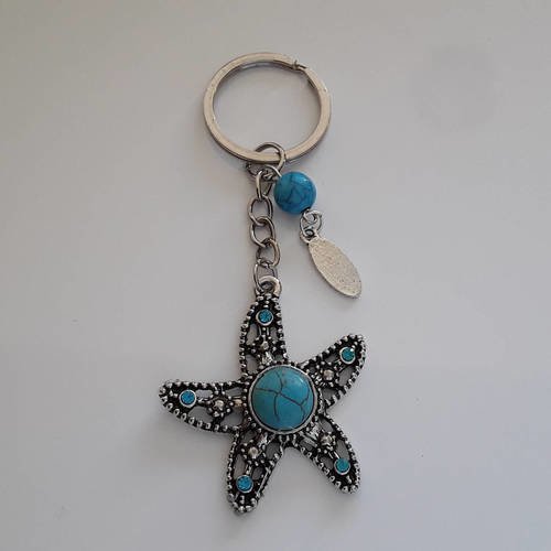Porte clefs ou bijou de sac étoile de mer turquoise et argent