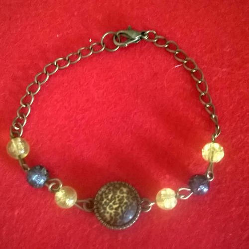 Bracelet couleur bronze cabochon 14 mn felin perles de verre jaune et orange