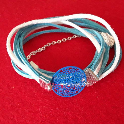 Bracelet à enrouler suédine et filigrane bleu et blanc
