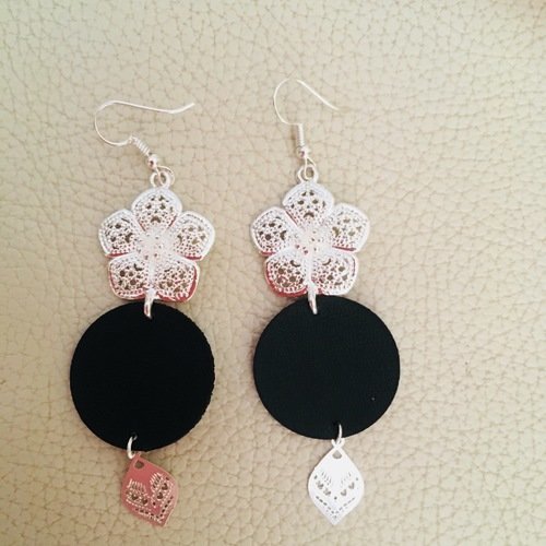 Boucles d oreille fleurs argent 925 et simili cuir 