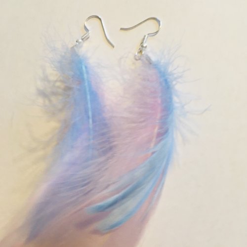 Boucles d oreille plumes pastel rose et bleue 