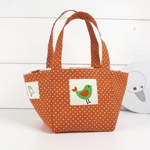 Petit sac panier fillette "oiseaux" en coton orange à pois blancs