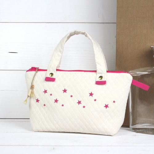 Petit sac à main en toile épaisse piqué de coton polyester ivoire motifs étoiles roses fuchsia