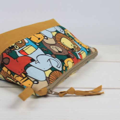 Trousse "animaux sauvages" en coton muulticolore et moutarde