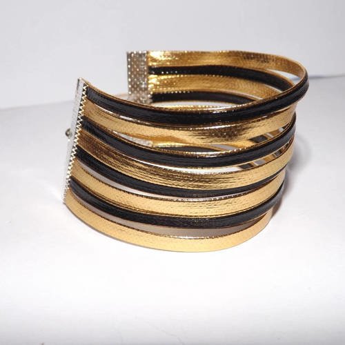 Manchette/ bracelet à lannière doré et noir, imitation cuir ,8 rangs 