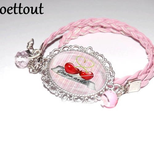 Jolie bracelet simili cuir tresse rose, et perle cristal ton rose,cabochon en verre,gourmande, cerise 