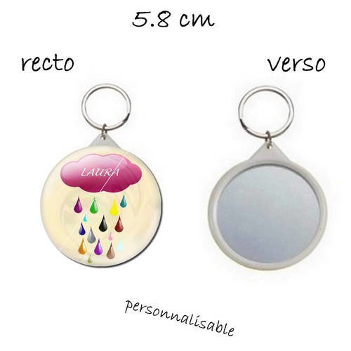 Porte clef avec miroir au dos 58mm nuage , pluie coloré, personnalisable , prénom 