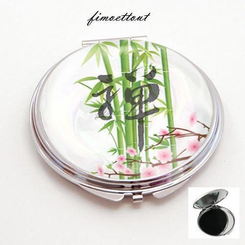 Miroir de poche refermable , cabochon resine zen , bambou ,fleur de cerisier (personnalisable) 