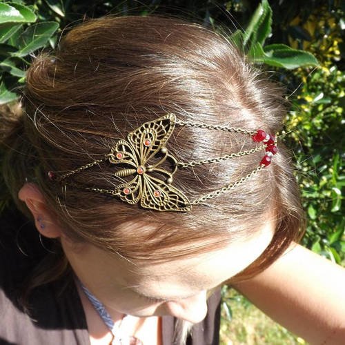 Charmant headband bijoux de cheveux, serre tete accessoire vintage, romantique,chic,estampe papillon, ton rouge 