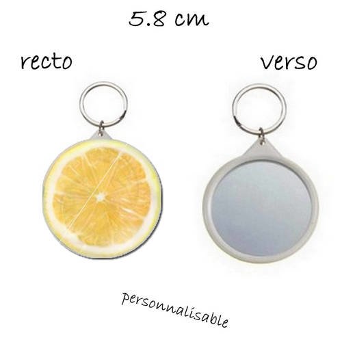 Porte clef badge avec miroir au dos 58mm,,coeur de fruit citron jaune 