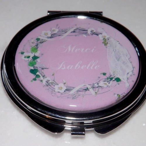 Miroir de poche refermable , cabochon resine fond violet merci + prénom ,personnalisable 