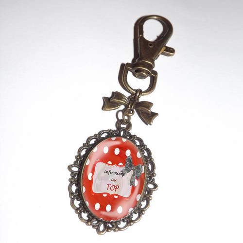 Porte clef, bijou de sac,  infirmiere au top (ajout prenom possible) cabochon en verre 