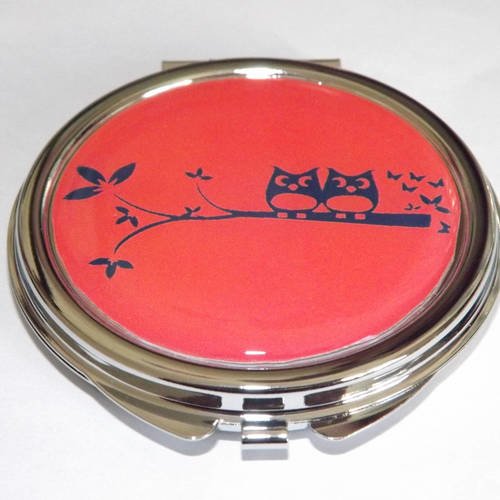 Miroir de poche refermable , cabochon resine miroir chouette ,fond rouge orangé 