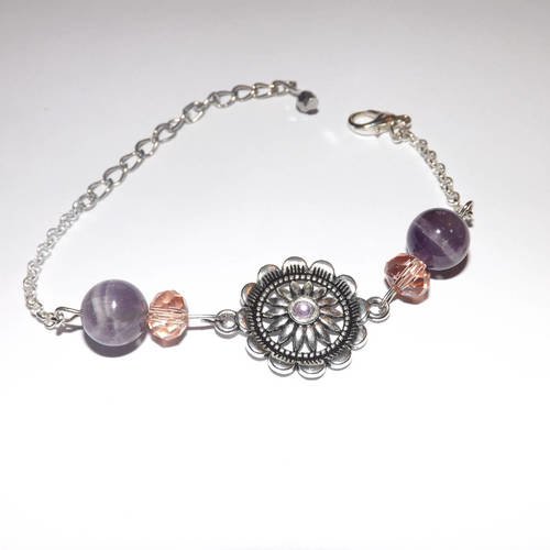 Bracelet de créateur "pink purple sunlight" breloque soleil,cristal ,amethystes 