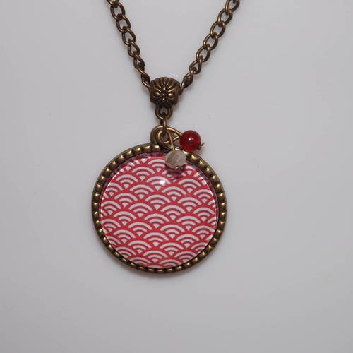 Collier vague rouge,papier japonais, cabochon en verre 25 mm, perle jade rouge ,washi 