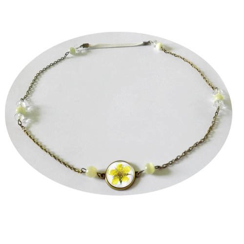 Tres jolie headband fleur jaune ,perle de verre et cristal ,cabochon résine 