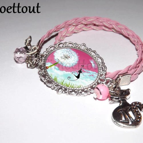 Jolie bracelet simili cuir tresse rose, et perle cristal ton rose,cabochon en verre, chat et pissenlit 