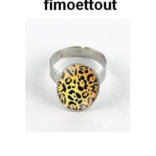 Jolie bague ovale cabochon en verre imprimé animal,leopard 