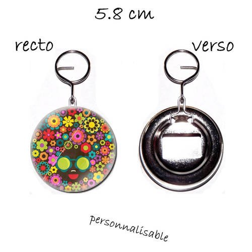Porte clef badge avec décapsuleur au dos 58mm,hippie , flower , peace and love 