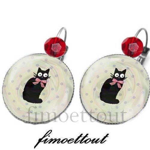 Boucle d'oreille chat ,cabochon en verre 18 mm ,perle cristal rouge 