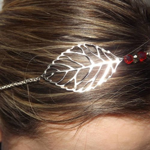 Headband argenté, feuille , perle cristal (autre couleur de perle possible) 