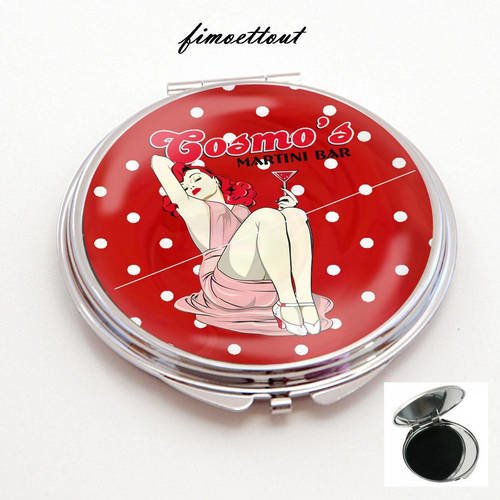 Miroir de poche cabochon resine pin up , pois rouge et blanc ,vintage,tendance, glamour 