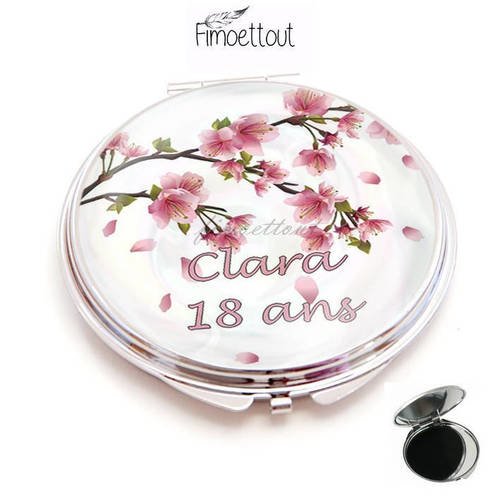 Miroir de poche ,cabochon resine fleur de cerisier , prenom + age