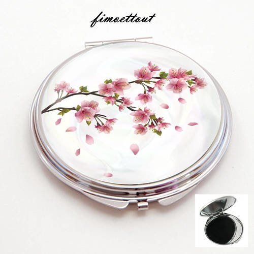 Defi septembre miroir de poche refermable , cabochon resine fleur de cerisier 