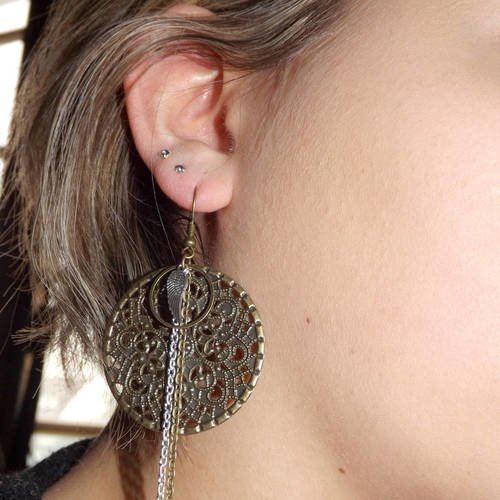 Boucle d'oreille de créateur , bicolore argenté et bronze , aile 