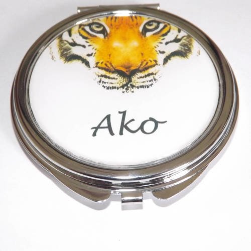 Miroir de poche refermable , cabochon resine tigre + prénom , personnalisable 