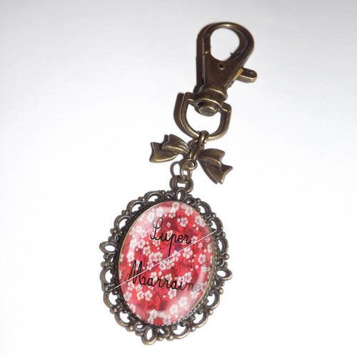 Porte clef, bijou de sac,cabochon en verre,liberty super marraine 