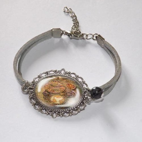 Bracelet en suédine argenté, cabochon en verre steampunk,horloge, engrenage, perle jaspe 