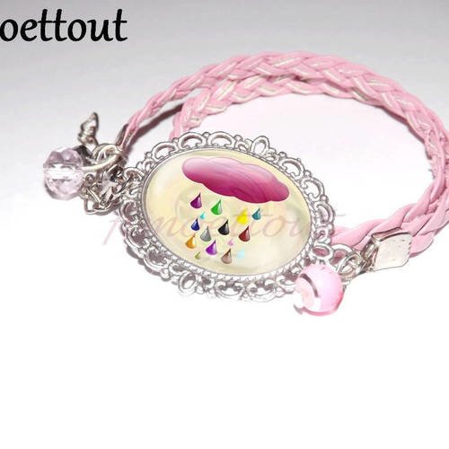 Jolie bracelet simili cuir tresse rose, et perle cristal ton rose,cabochon en verre,nuage 