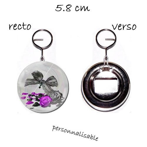 Porte clef badge avec décapsuleur au dos 58mm,noeud , rose et petale de rose fuchsia et noir 