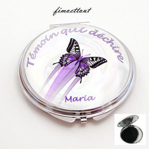 Miroir de poche refermable , cabochon resine témoin qui déchire papillon violet 